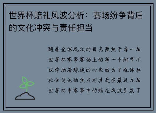 世界杯赔礼风波分析:赛场纷争背后的文化冲突与责任担当 世界杯赔礼风波分析:赛场纷争背后的文化冲突与责任担当