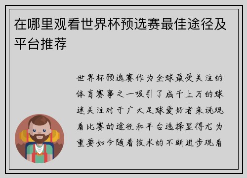 在哪里观看世界杯预选赛最佳途径及平台推荐 在哪里观看世界杯预选赛最佳途径及平台推荐