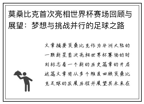 莫桑比克首次亮相世界杯赛场回顾与展望：梦想与挑战并行的足球之路
